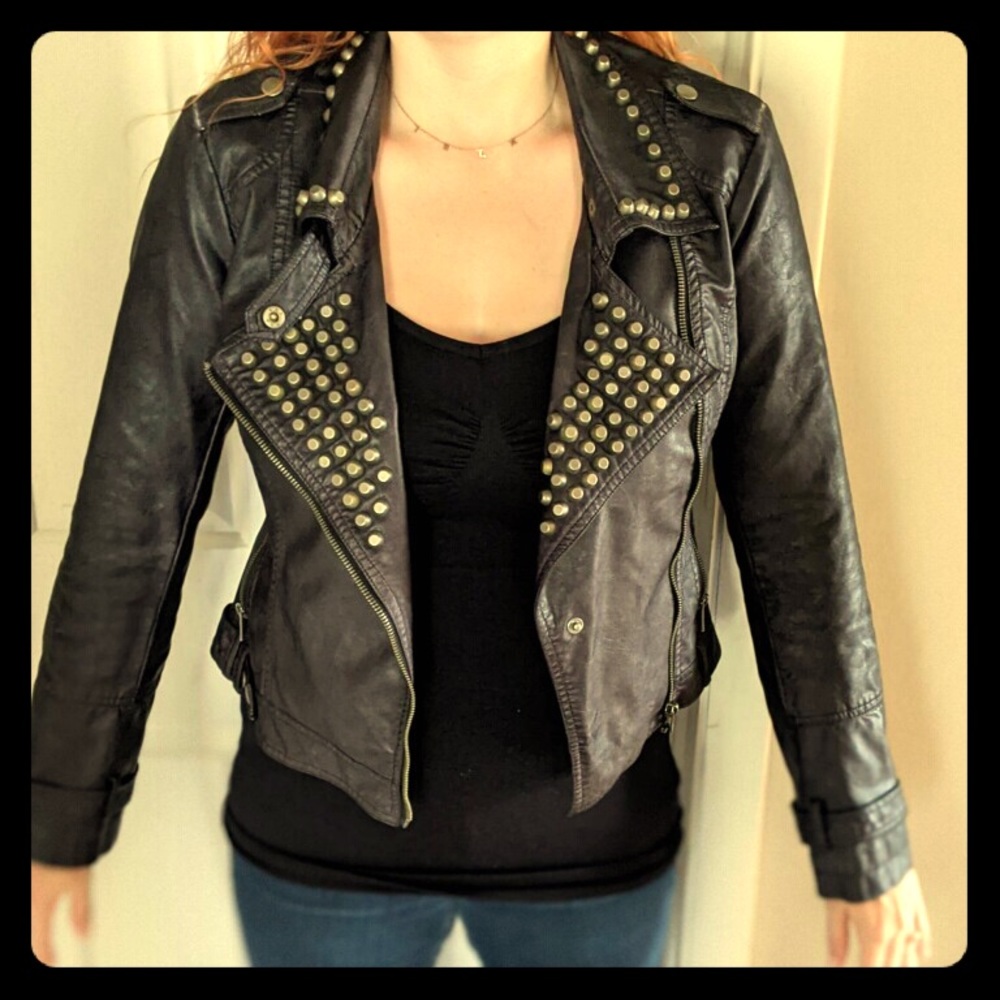Blanc Noir Faux Leather Studded Motorcycle Jacket